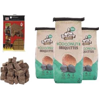 👉 Kokosbriket 3x Barbecuekool- 3kg - Kokosbriketten+ 28x Aanmaakblokjes Duurzaam Hoge Kwaliteit Kokosnootbasten 8715232789327