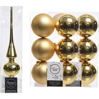 👉 Kerstversiering gouden glans Kerstversiering/kerstdecoratie Set Piek En 12x Kerstballen 8 Cm Glans/mat - Kerstbal 8719538762350