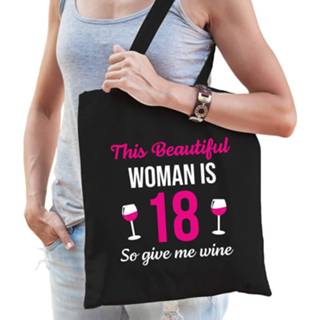 👉 Zwart One Size roze vrouwen Verjaardag tas 18 jaar - this beautiful woman is give wine dames achttien cadeau tasje 8720576137543