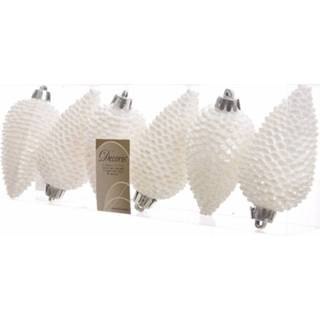 👉 Kerstbal wit kunststof parelmoer 6x Dennenappel Kerstballen Glitter 8 Cm Kerstboom Versiering/decoratie - Kersthangers 8719538111387