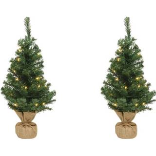 👉 Kerstboom groen 2x Kerst Kerstbomen In Jute Zak Met Verlichting 45 Cm - Kunstkerstboom 8720276293303