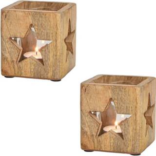 👉 Windlicht houten 2x Stuks Windlichtjes / Theelichthouders Met Sterren 9 Cm - Waxinelichtjeshouders 8720276288439