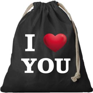 👉 Cadeautas zwart canvas 1x cadeautasje I love You met koord 25 x 30 cm - Geschenktas/ Valentijn 8720576359235