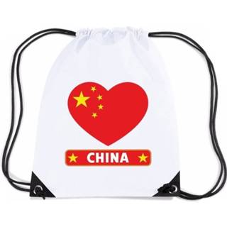 👉 Rugzak wit nylon One Size China rijgkoord rugzak/ sporttas met Chinese vlag in hart 8719538511590