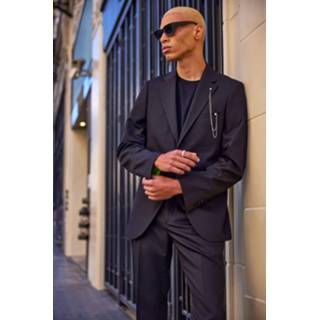 👉 Skinny Fit Ketting Print Colbert Met Enkele Rij Knopen, Black