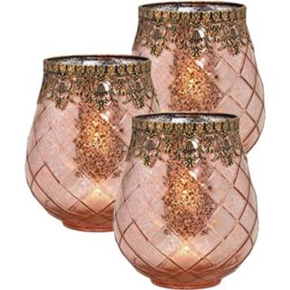 👉 Windlicht rose goud Set Van 3x Stuks Glazen Design Windlicht/kaarsenhouder 16 X 18 Cm - Waxinelichtjeshouders 8720576205402