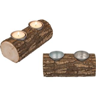 👉 Theelichthouder bruin hout Set Van 2x Theelichthouders/waxinelichthouders Boomstam Dubbel 17 X 7 Cm - Waxinelichtjeshouders 8720576702154