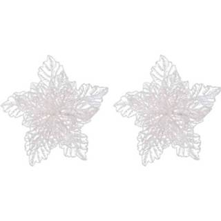 👉 Kerstversiering wit 4x Kerstversieringen Glitter Kerstster Bloemen Op Clip 23 X 8 Cm - Kersthangers 8720276743679
