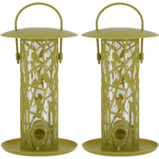 👉 Voedersilo groen kunststof 2x Stuks Vogel Met Zitstokjes En Tray 27 Cm - 8720576685020