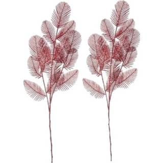 👉 Kunstbloem rood 2x stuks glitter varenstak 64 cm decoratie varen kunstbloemen/kunsttakken