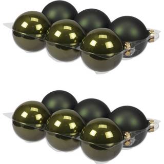👉 Kerstbal olijfgroen glans 12x Stuks Glazen Kerstballen Donker (Pine) 8 Cm Mat/glans - 8720576162637
