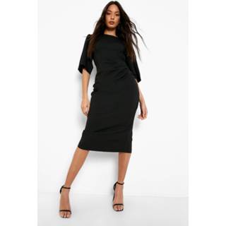 👉 Geplooide Geweven Midi Jurk Met Engelenmouwen, Black