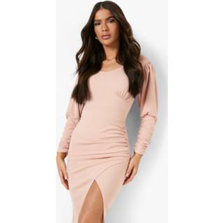 👉 Midi Jurk Met Pofmouwen En Split, Blush