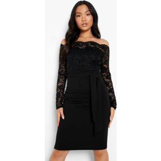 👉 Petite Kanten Midi Jurk Met Open Schouders En Uitgesneden Hals, Black