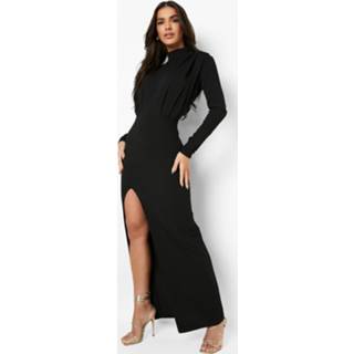 👉 Geplooide Maxi Jurk Met Hoge Hals, Black