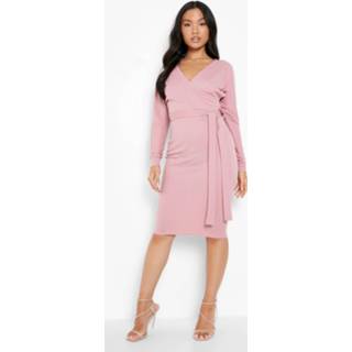 👉 Petite Geribbelde Wikkel Midi Jurk Met Ceintuur, Rose