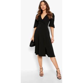 👉 Midi Skater Jurk Met Pofmouwen En Zijsplit, Black