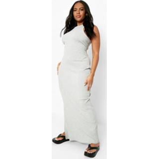 👉 Plus Geribbelde Maxi Jurk Met Bandjes En Split, Grey Marl