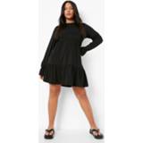 👉 Plus Gesmokte Jersey Jurk Met Geplooide Mouwen En Laagjes, Black