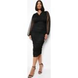👉 Plus Geplooide Mesh Wikkel Midi Jurk, Black