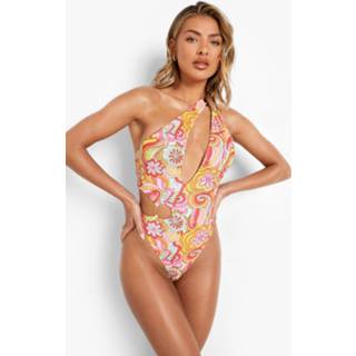 👉 Jaren '70 Bloemen Badpak Met Uitsnijding En O-Ring, Pink