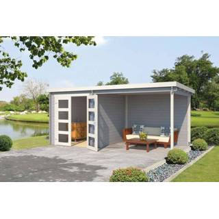 Tuinhuisje grijs wit Outdoor Life Products | Tuinhuis met Overkapping Helena 472 x 230 Gecoat Platinum Grey-Wit 8711471581951