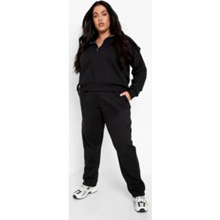 👉 Plus Geribbeld Trainingspak Met Hoge Kraag, Black