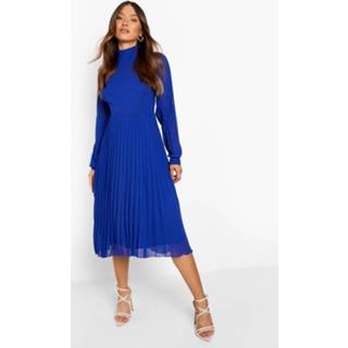 👉 Skater jurk cobalt Geplooide Midi Met Hoge Hals,