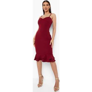 👉 Midi Jurk Met Ceintuur, Geplooide Zoom En Bandjes, Burgundy