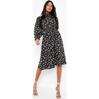 👉 Gesmokte Bloemen Midi Jurk Met Geplooide Hals, Black
