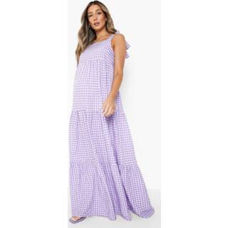 👉 Zwangerschap Gingham Midaxi Jurk Met Laagjes En Strik, Lilac