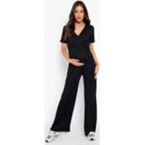 👉 Zwangerschap Geribbelde Wide Leg Wikkel Jumpsuit Met Ceintuur, Black