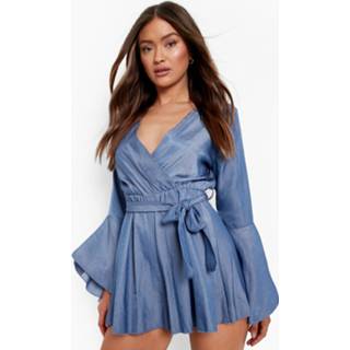 👉 Chambray Romper Met Wijde Mouwen En Ceintuur, Mid Blue