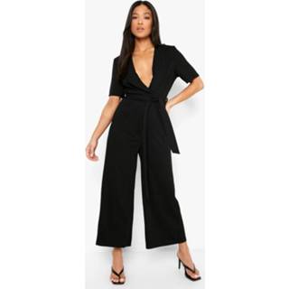 👉 Petite Getailleerd Jumpsuit Met Korte Mouwen En Ceintuur, Black