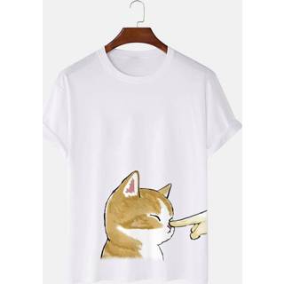 👉 Short sleeve cotton l male zwart Mens Cute Cat Graphic Crew Neck T-Shirts