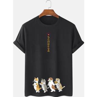 👉 Short sleeve cotton l male zwart Mens Japanese Cartoon Cat Print T-Shirts