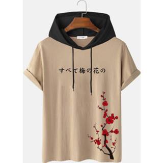 👉 Short sleeve pruim polyester s male kaki Mens Japanese Plum Bossom Print Contrast Hooded T-Shirts