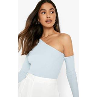 👉 Geribbelde Gebreide Trui Met Asymmetrische Halslijn, Baby Blue