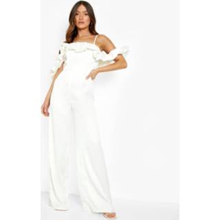 👉 Jumpsuit ivoor Wide Leg Met Ruches En Uitgesneden Schouders, Ivory