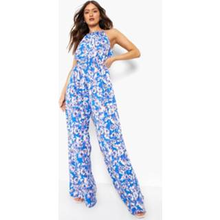 Jumpsuit cobalt Bloemen Wide Leg Met Halter Neck,