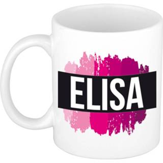 👉 Beker roze keramiek vrouwen active Naam cadeau mok / Elisa met verfstrepen 300 ml