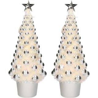 👉 Kerstboom zilver 2x Stuks Complete Kerstbomen Met Ballen En Lichtjes 60 Cm - Kunstkerstboom 8720576418888