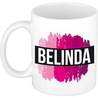 👉 Beker roze keramiek vrouwen active Naam cadeau mok / Belinda met verfstrepen 300 ml