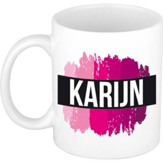 👉 Beker roze Naam Cadeau Mok / Karijn Met Verfstrepen 300 Ml - Mokken 8720576465837