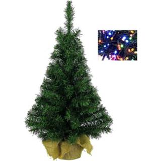 👉 Kerstboom groen Volle mini in jute zak 45 cm met gekleurde kerstverlichting