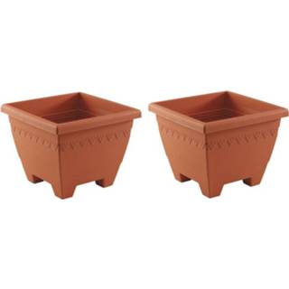 👉 Plantenbak kunststof terracotta Set Van 2x Stuks Plantenbakken/bloempotten Lima 30 Cm Vierkant - Plantenbakken 8720276416375