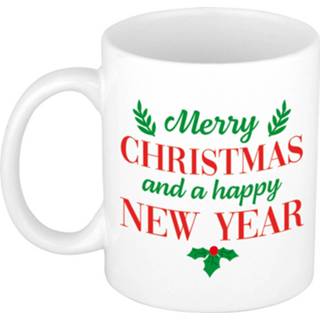 👉 Kerstmok wit Merry Christmas And Happy New Year Cadeau / Kerstbeker 300 Ml - Bekers 8720576752456