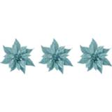 👉 Kerstster 3x Stuks Decoratie Bloemen Ijsblauw Glitter Op Clip 18 Cm - Kersthangers 8720576135075