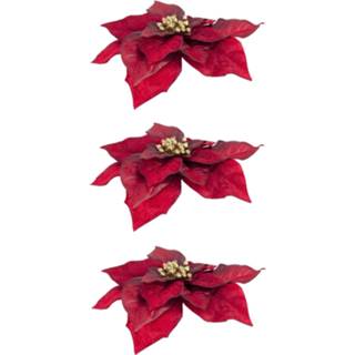 👉 Kerstster rood 3x Stuks Decoratie Bloemen Donkerrood Op Clip 18 Cm - Kersthangers 8720576134887