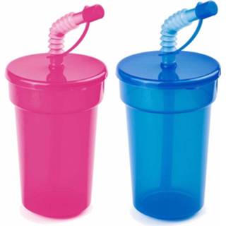 👉 Drinkbeker blauw roze kunststof One Size meerkleurig Set van 10x stuks afsluitbare drinkbekers 400 ml met rietje - 5x per kleur. en 8720576204863